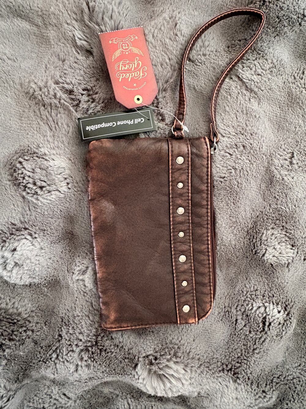 Faded Glory Brown Leather Wristlet Cell Phone Wallet NWT